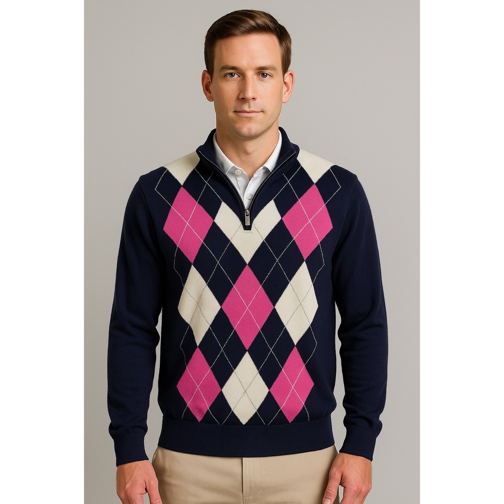 FootJoy Argyle Sweater Mens Large Navy Pink Half Zip Golf Pullover‎ 100% Wool
